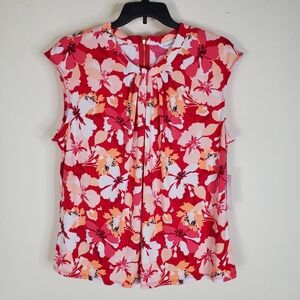 Liz Claiborne Women's Floral Blouse Pleated Neck Sleeveless 0X Work Evening Wear